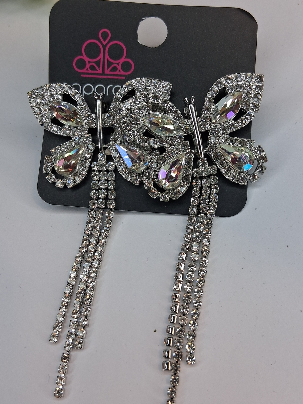 Silver Butterfly Rhinestone Drop Earrings